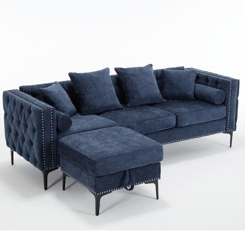 Blue 85'' L-Shaped 4-Seat Sectional Sofa with Convertible Storage Ottoman, Pillows, Solid Wood Frame, and Modern Tufted Design