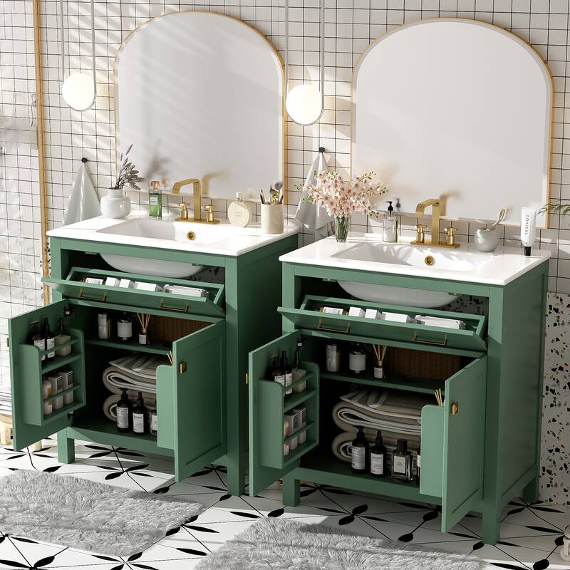 Set of 2 Vanity for Bathroom with Double Ceramic Sinks, 60" Modern Storage Cabinet with Flip-down Drawers and Door Organizers