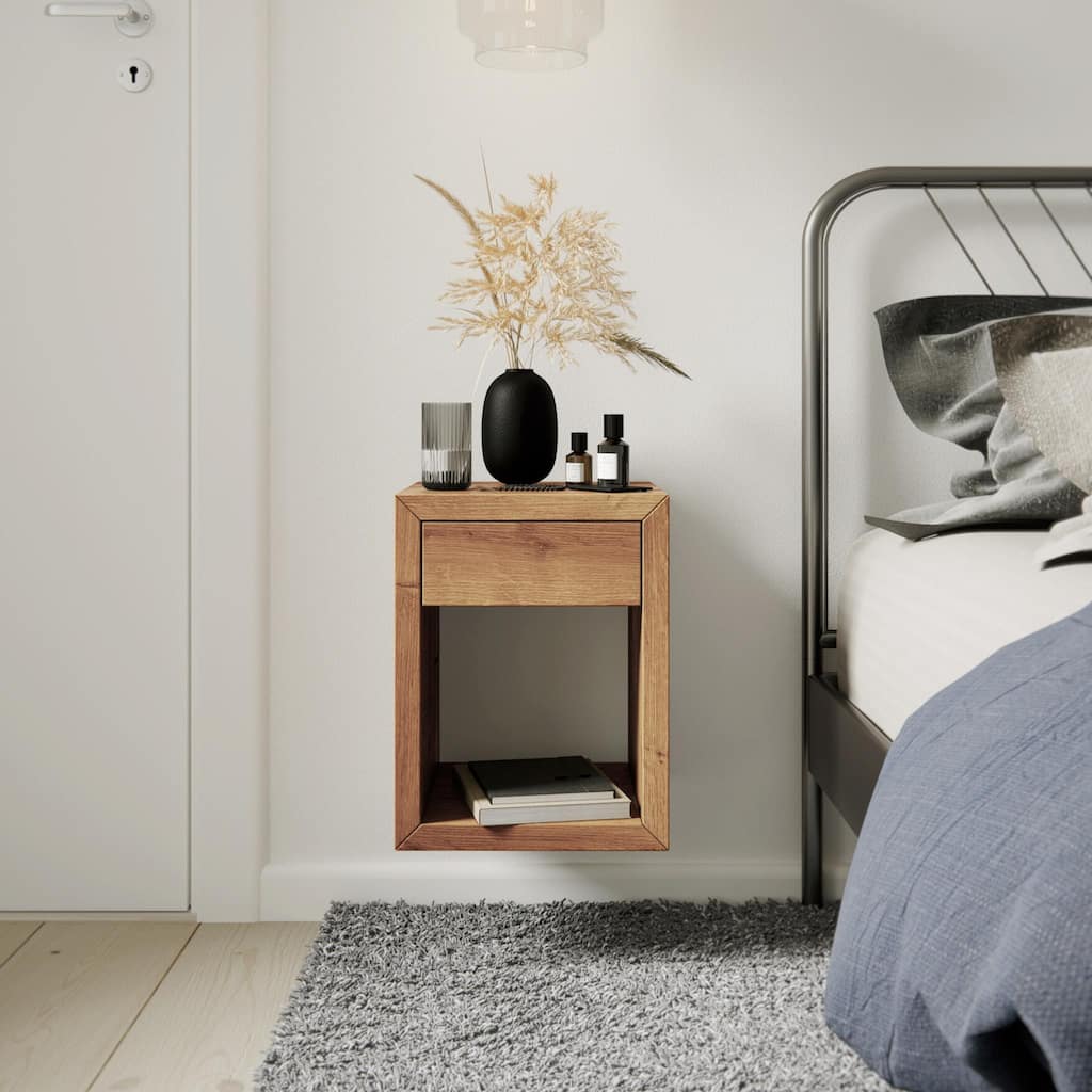 Artisan Oak Floating Nightstand with Modern Wall-Mounted Drawer