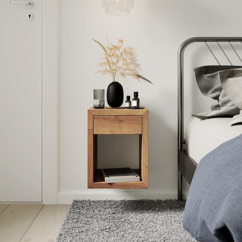 Set of 2 Floating Wooden Nightstands with Drawer, Bedroom Side