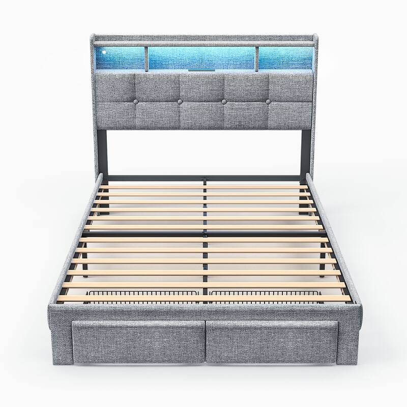 King Size Upholstered Platform Bed with LED Lights, Charging Station & Storage Headboard, No Box Spring Needed