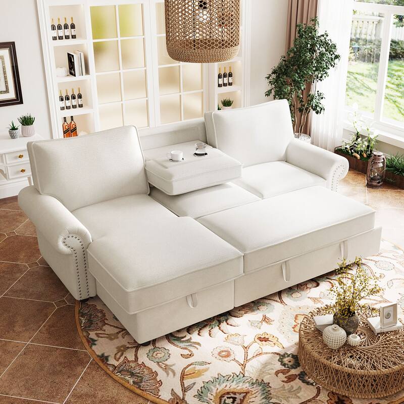 Roomfitters 95" Convertible Sectional Sleeper Sofa L-Shaped Couch with Storage Chaise and Pull Out Bed for Living Room - Beige