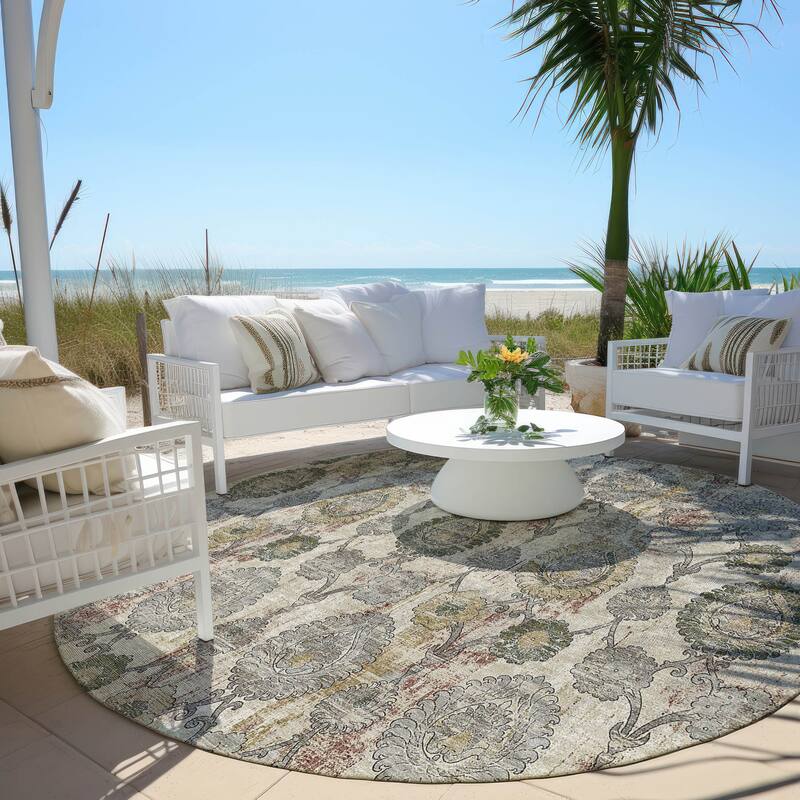 Machine Washable Indoor/ Outdoor Chantille Traditional Floral Rug - Beige - 8' x 8'