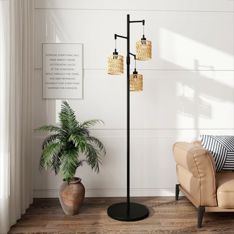 3 Light Rattan Standing Tall Lamp Vintage Floor Lamps - Non-dimmable/Black