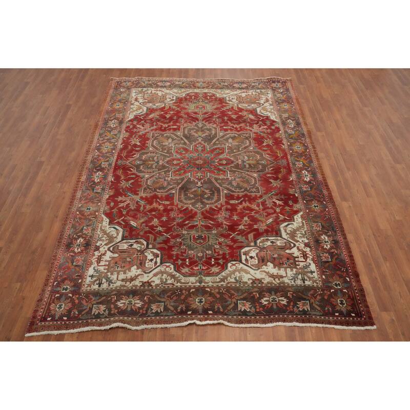 Hand Knotted Oriental 100% Wool Carpet Traditional Floral Red Heriz Area Rug - 10' 5'' X 7' 7''