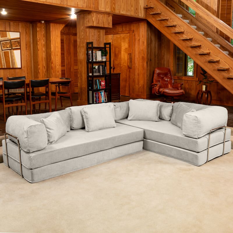 Jaxx Unsofa Modular Convertible Sectional Sofa with Fold Out King Sleeper Bed - L-Shaped Sectional. - Performance Microvelvet Ivory