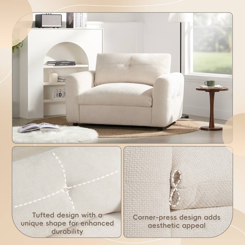 42" Wide Seat Chenille Armchair - Dual USB Ports, Pull-Line Tufted Design & High-Density Foam Cushion