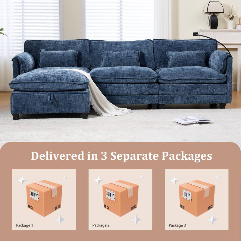 GALDWIN Chenille Upholstered L-shaped Modular Sectional Sleeper Sofa with Movable Storage Ottoman,USB&Type-C