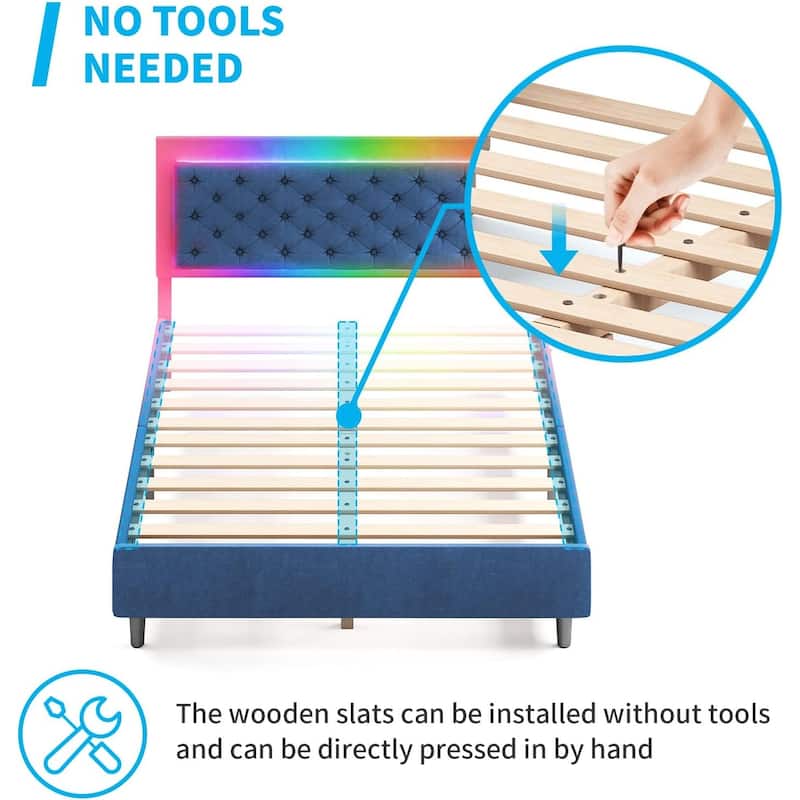 Mixoy Velveteen RGB LED Bed Frame with Button Tufted Adjustable Headboard