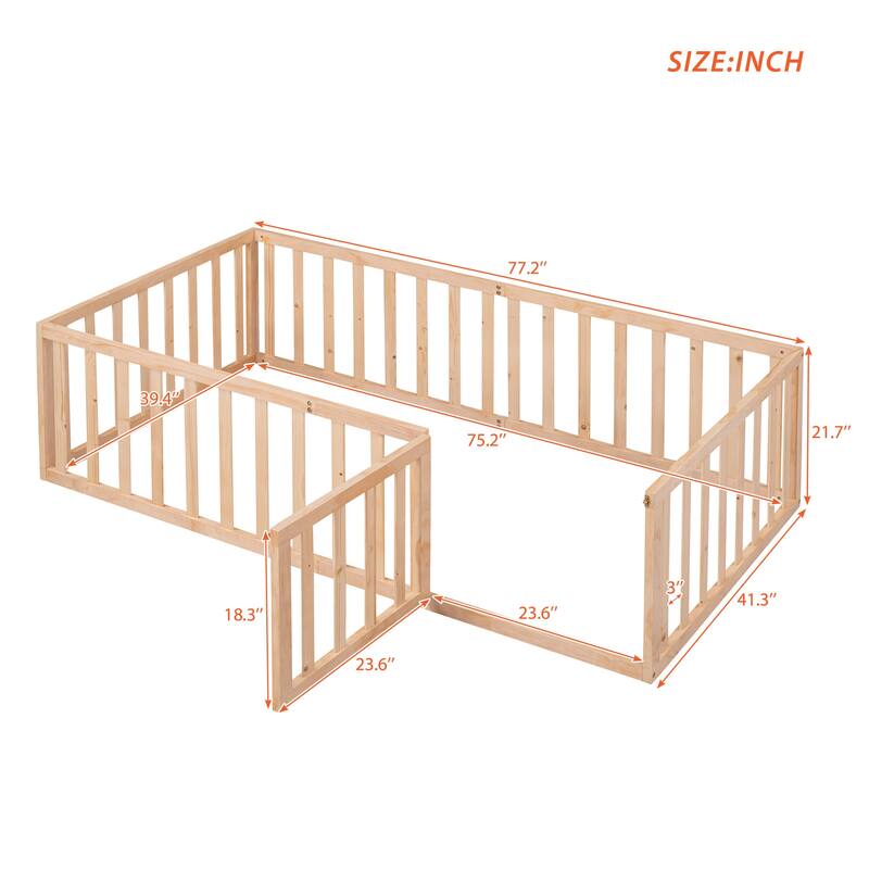 Twin Size Wooden Floor Bed Frame with Fence and Door, Natural Finish
