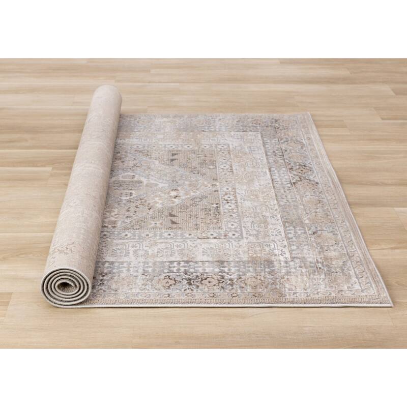 Cream Beige Grey Traditional Medallion Indoor Area Rug,