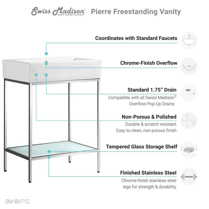 Swiss Madison Louis 24" Open Shelf Chrome Frame Freestanding Bathroom Vanity with Sink Top