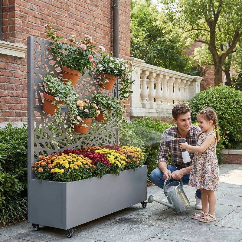 Metal Galvanized Planter Box with Trellis Privacy Screen Lockable Wheels