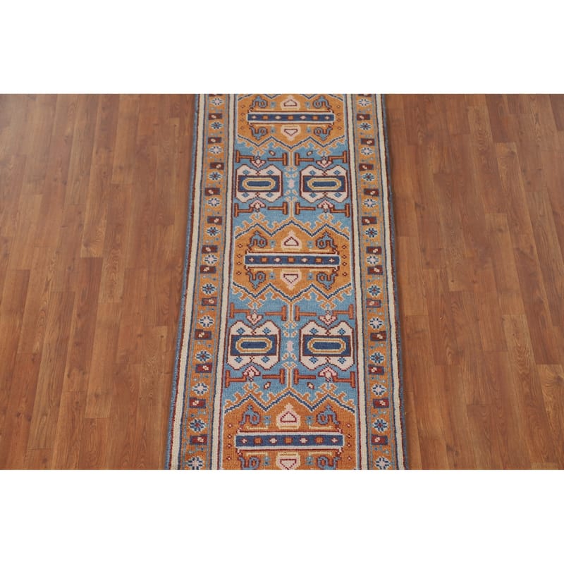 Geometric Kazak Runner Rug Hand-Knotted Wool Carpet - 2'6" x 7'10"