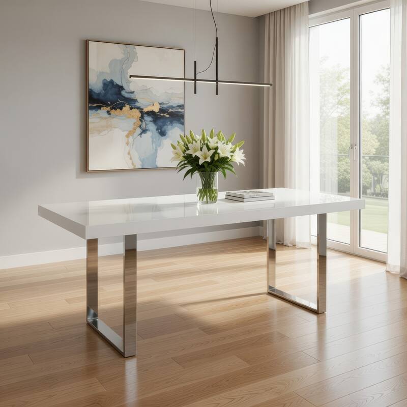 Ien 71 Inch Dining Table, Rectangular Top, Open Metal Panel, White Lacquer