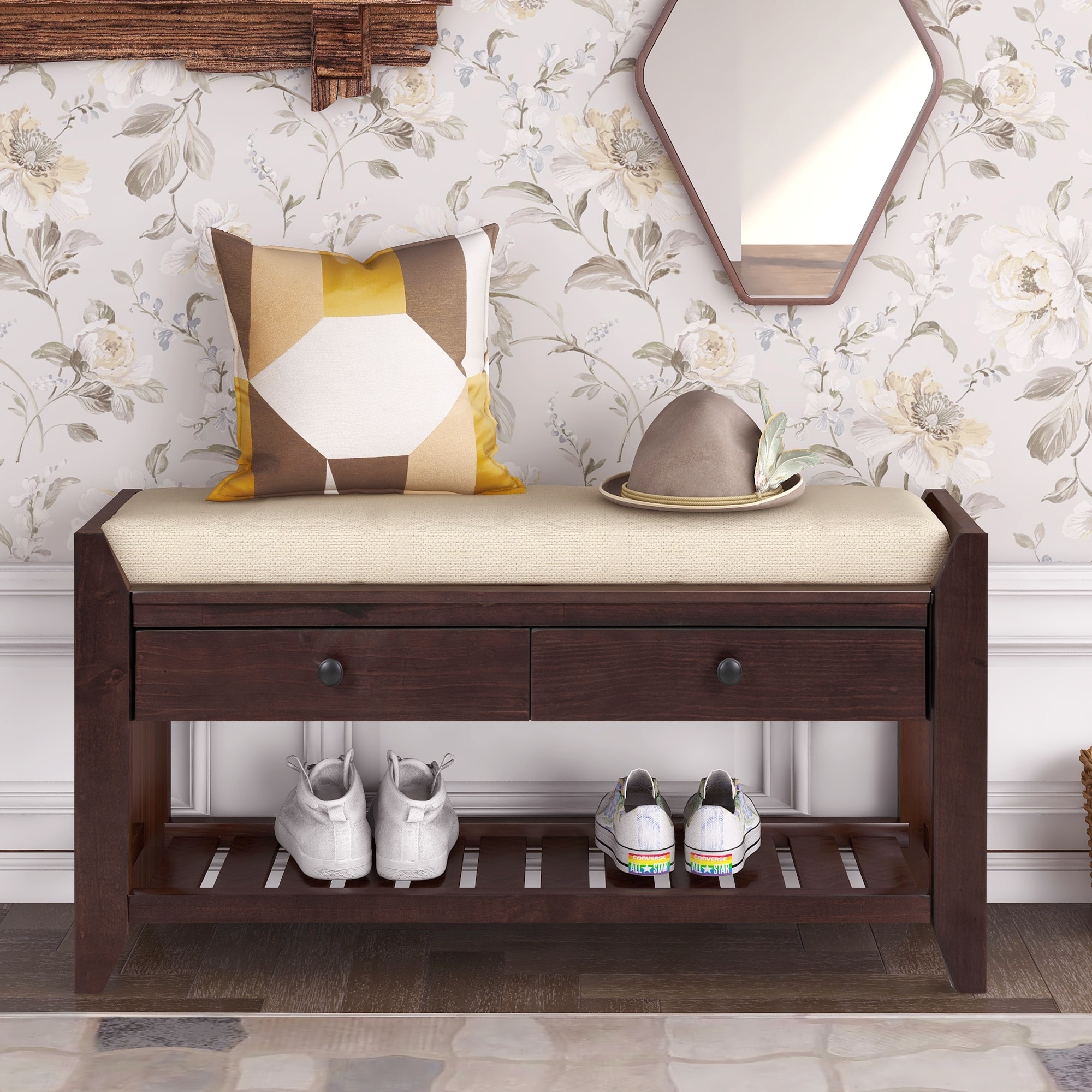 Storage Bench with Cushioned Seat and Drawers