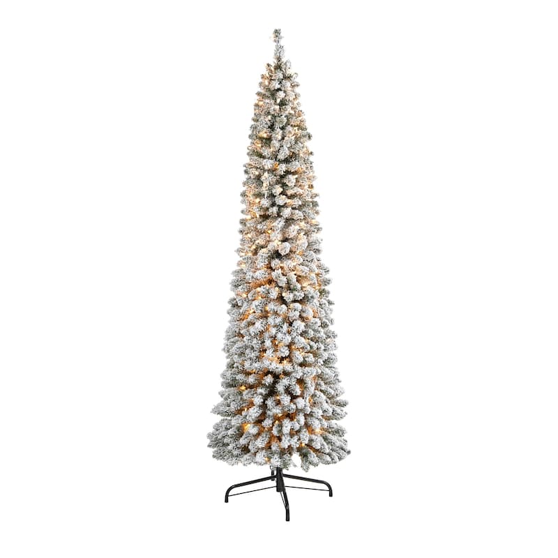 7’ Pre-Lit Pencil Slim Flocked Artificial Christmas Tree, Warm Clear LED Lights - 7 Foot