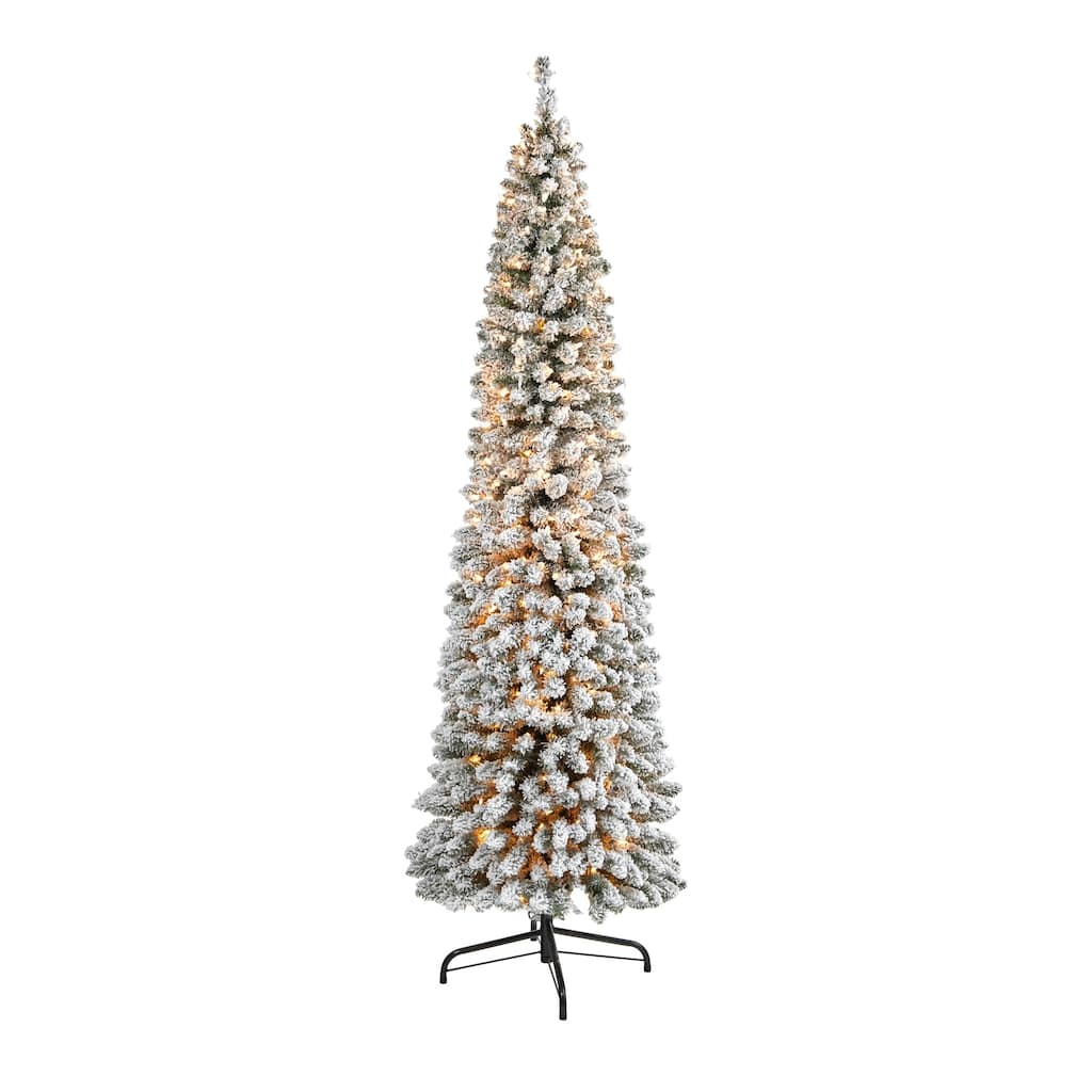 7’ Pre-Lit Pencil Slim Flocked Artificial Christmas Tree, Warm Clear LED Lights - 7 Foot