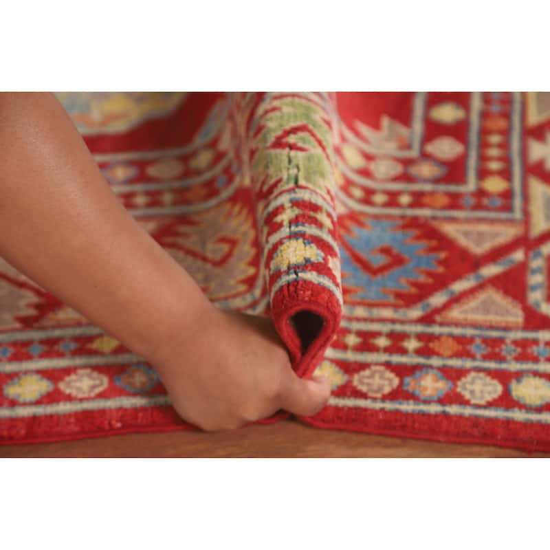 Geometric Kazak Area Rug Hand-Knotted Traditional Wool Carpet - 4'2" x 6'4"