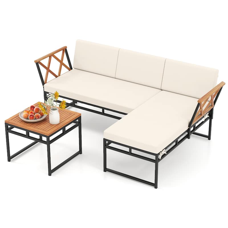 3 Piece Beige Acacia Wood Patio Loveseat Sofa Set with Metal Frame and Table - 72.5" × 47" × 26"