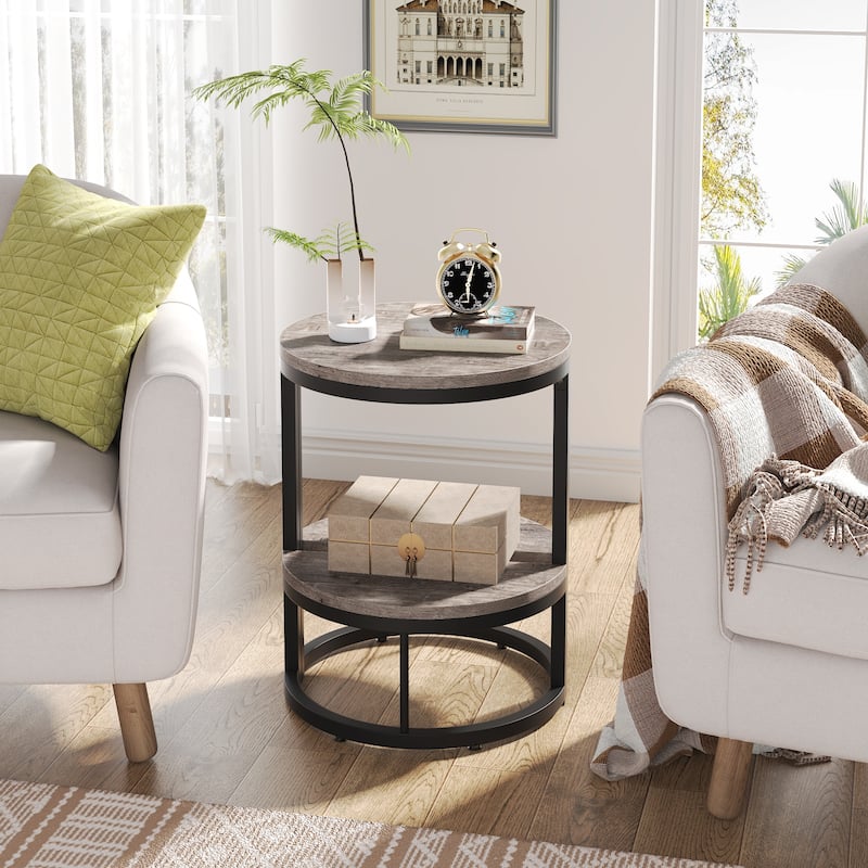 Half Round End Table with Storage, Small Wood Side Table for Living Room