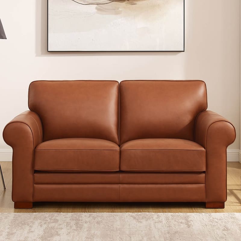 Hydeline Brookfield Top Grain Leather Loveseat With Feather, Memory Foam and Springs