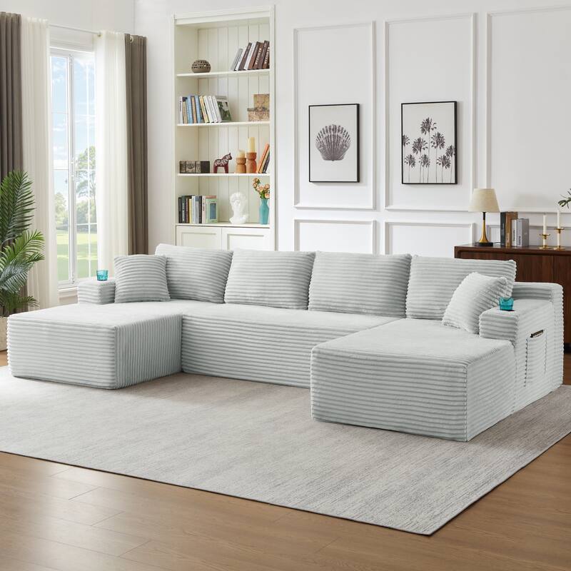 Corduroy Upholstery Cloud Modular Sectional Sofa with Chaise and Pillows, All-Foam Compression Design