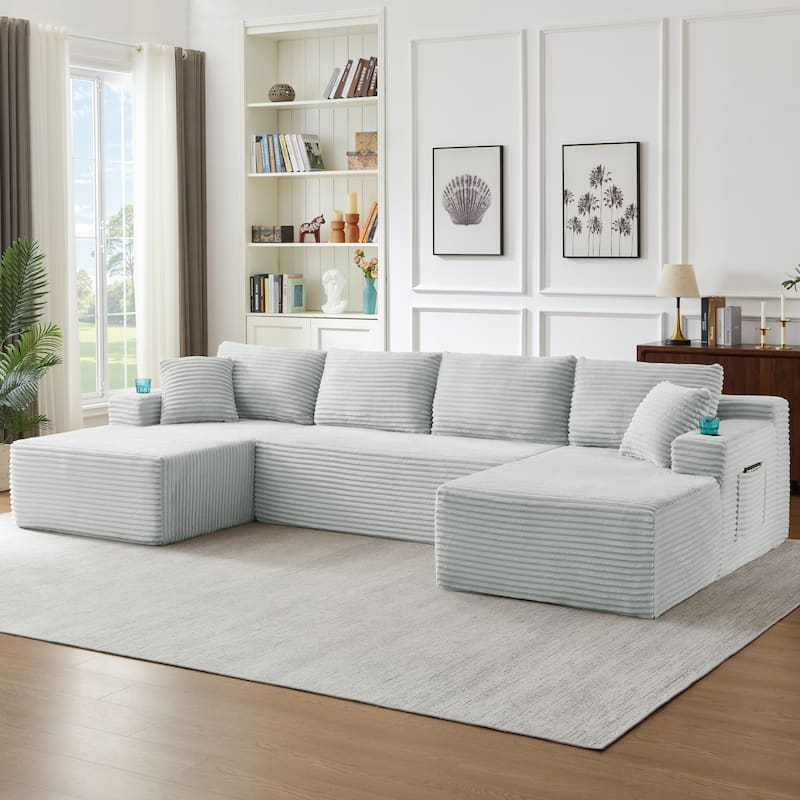 U-Shaped Modular Sectional Sofa with Dual Chaise Lounges, Corduroy Cloud Couch with Cup Holders, Compressible Deep Seat Sofa