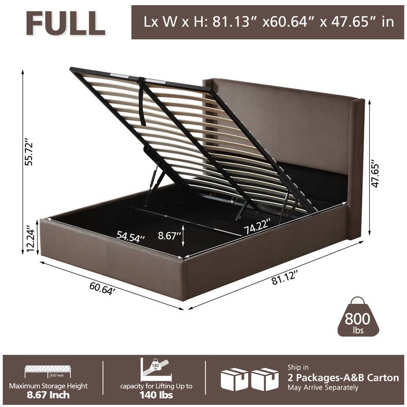 Lift Up Storage Platform Bed with Minimalist Headboard - Brown - Full