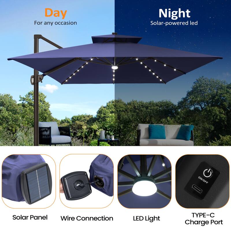 10X13 FT Outdoor Cantilever Patio Umbrella Solar LED Light with Rod Base