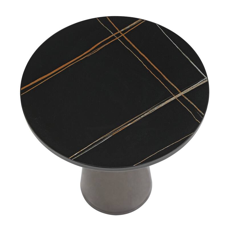 19-Inch Side Table Round Glass/Stone Tabletop End Table with Black Iron Rim and Glass Base