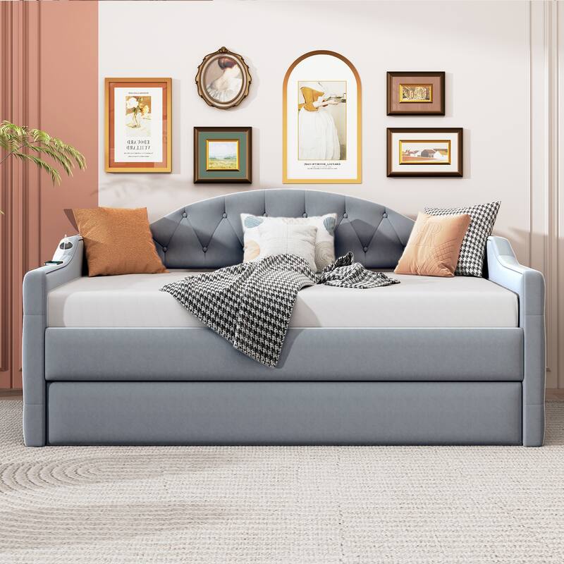 Tufted Upholstered Daybed with Trundle, USB and Type-C Charging Ports