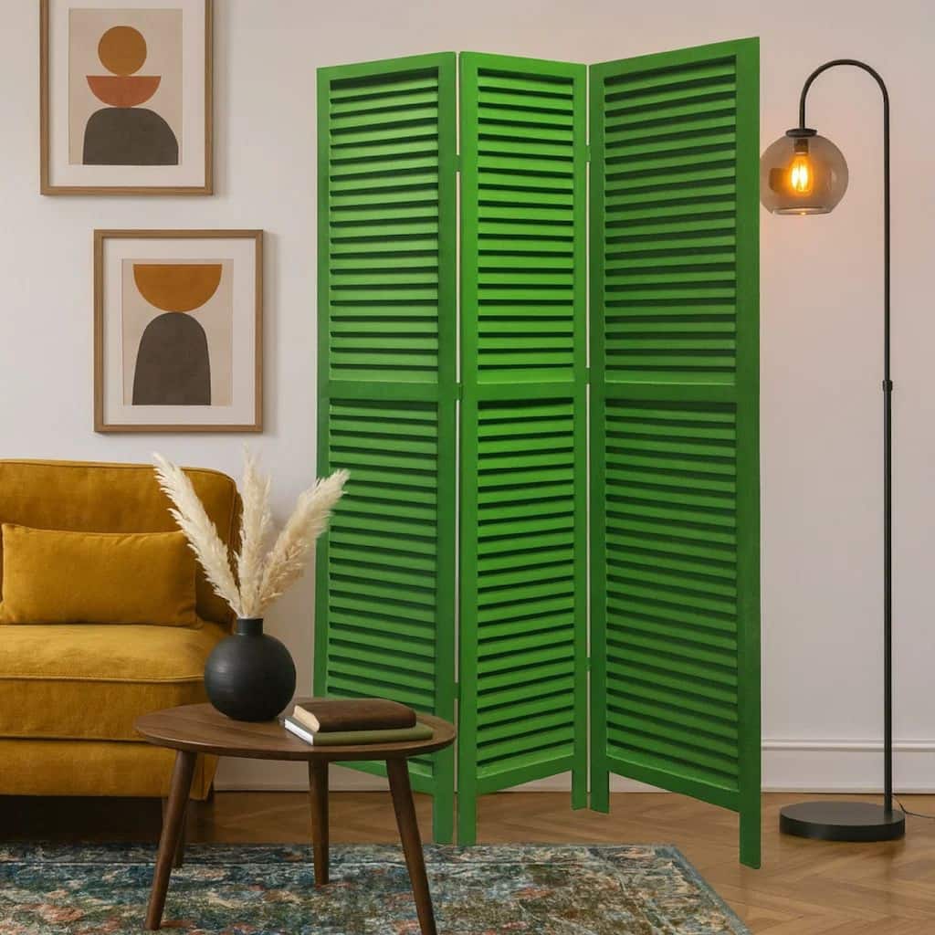 3 Panel Foldable Wooden Shutter Screen with Straight Legs, Green