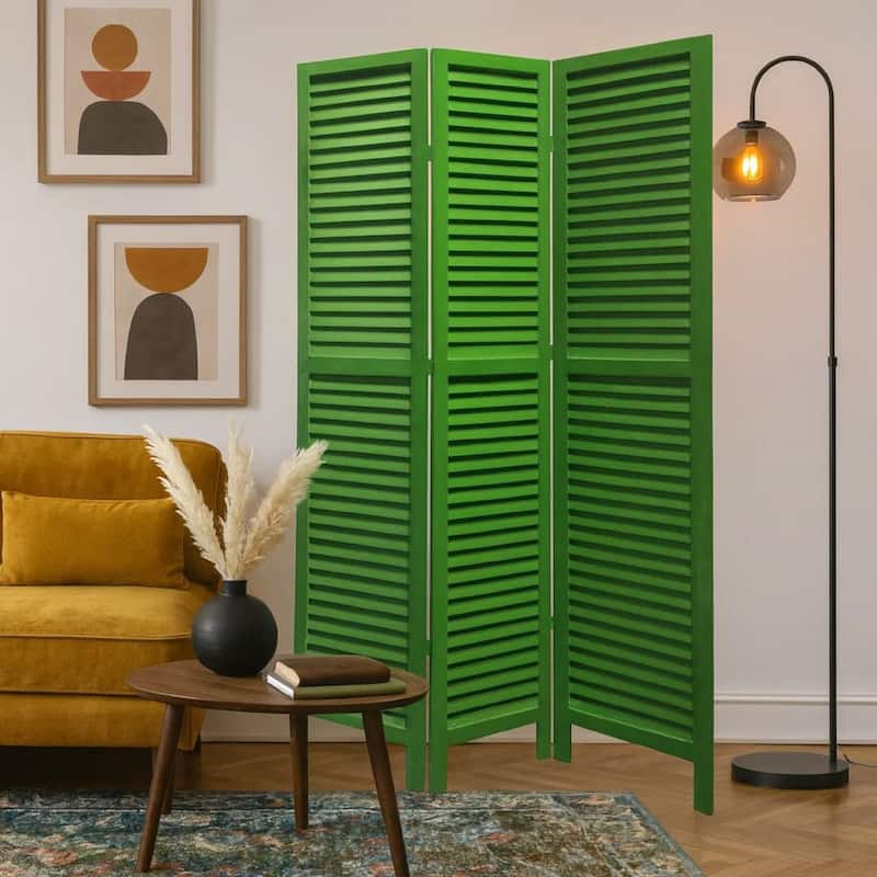 3 Panel Foldable Wooden Shutter Screen with Straight Legs, Green