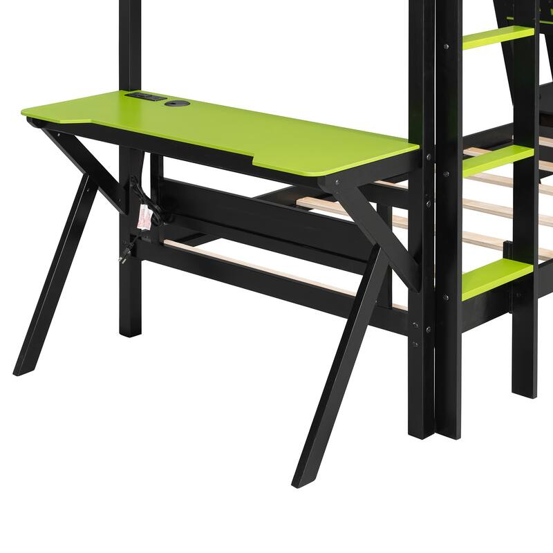 Gaming Bunk Bed Two Built-In Gaming Desks Each Side Loft Bed with USB Desktop Ports and Pegboard Organizer for Gaming Room Gamer