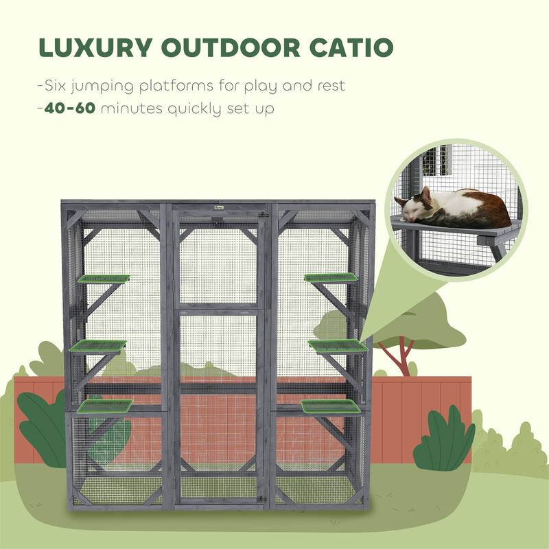Freestanding Catio for 1 to 3 Cats with 6 Jumping Platforms Durable Fir Wood Gray Indoor Outdoor Enclosure