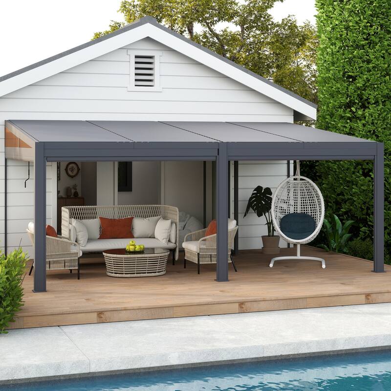 Erommy Wall-Mounted Pergola with Louvered Roof & Pull-Down Screen, Aluminum Awning for Patio or Deck