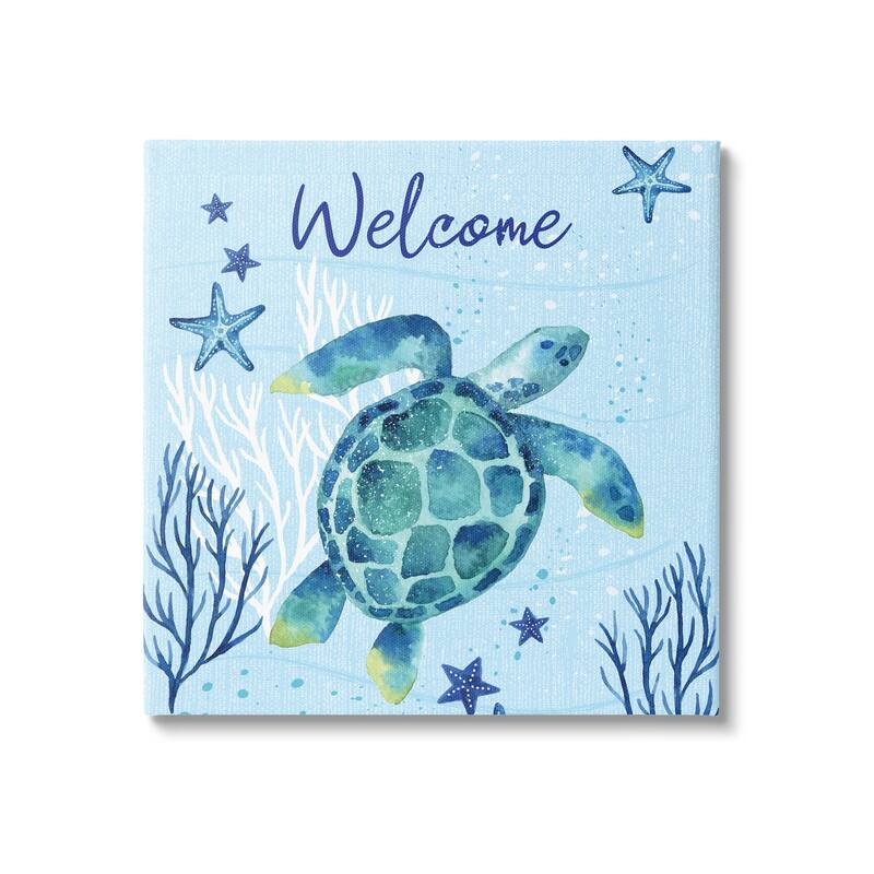 Stupell Welcome Sign Sea Turtle Swimming Ocean Life Canvas Wall Art, Design by Sharon Lee - 24 x 24