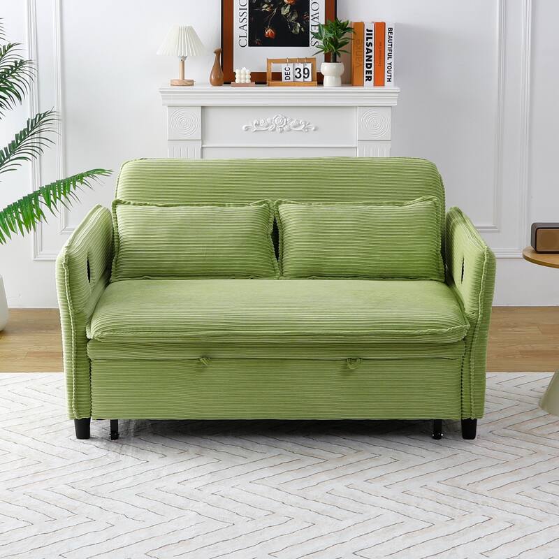 65.74-inch Green Corduroy Multi-functional Sofa Bed with Adjustable Armrests and Backrests