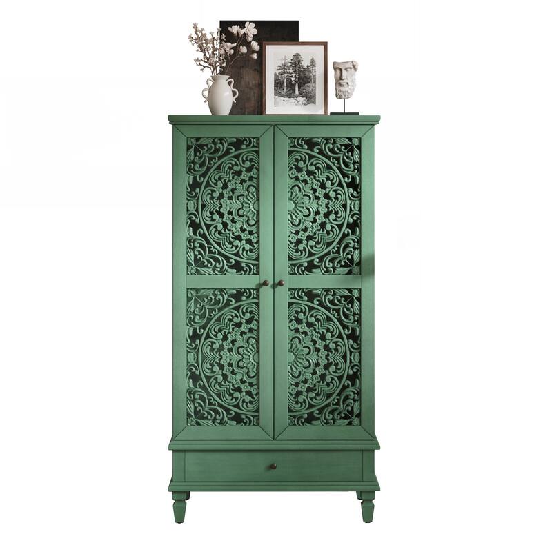Tall Storage Cabinet with Drawer, Decorative 2-Door Carved Wood Accent Cabinet