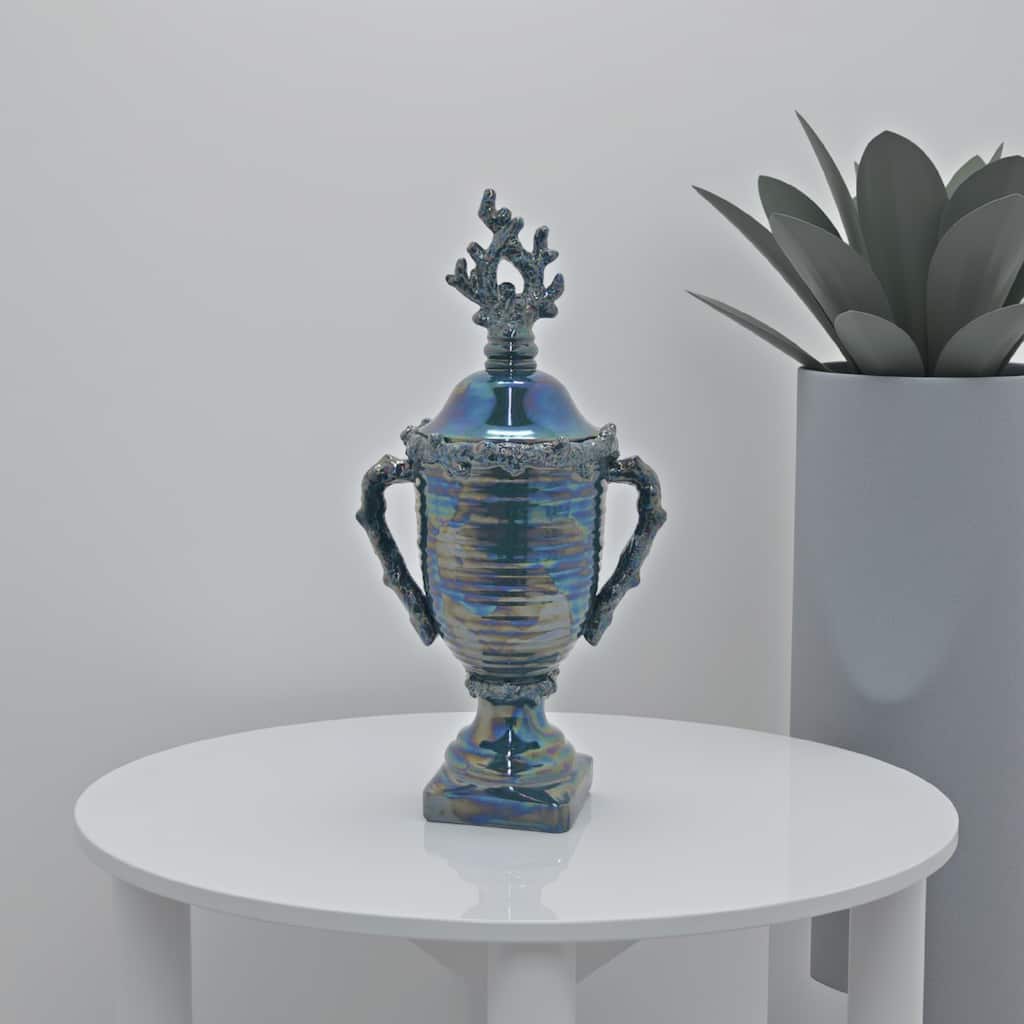 Decorative Jar, 24 Inch, Blue Ceramic, Ribbed Classic Trophy Design