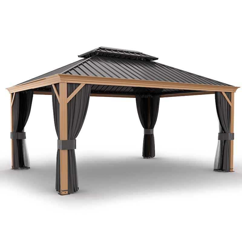 12x16ft Outdoor Double-Roof Aluminum Gazebo with Curtains and Mosquito Netting
