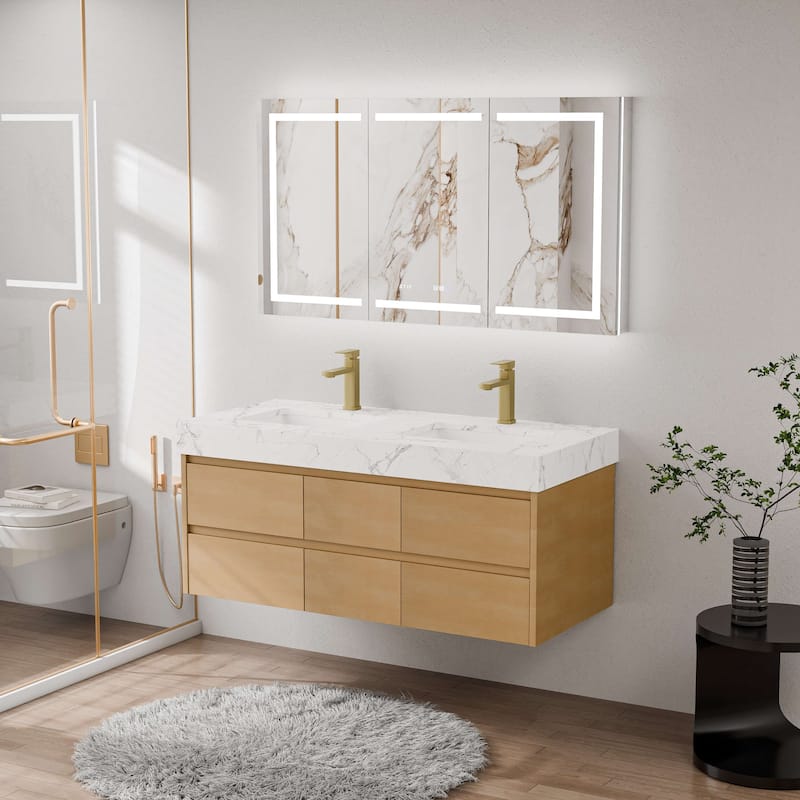 Modland 48" Floating Bathroom Vanity with Single/Double Sink, Modern Maple Wood Wall Mounted Vanity with Marble Countertop