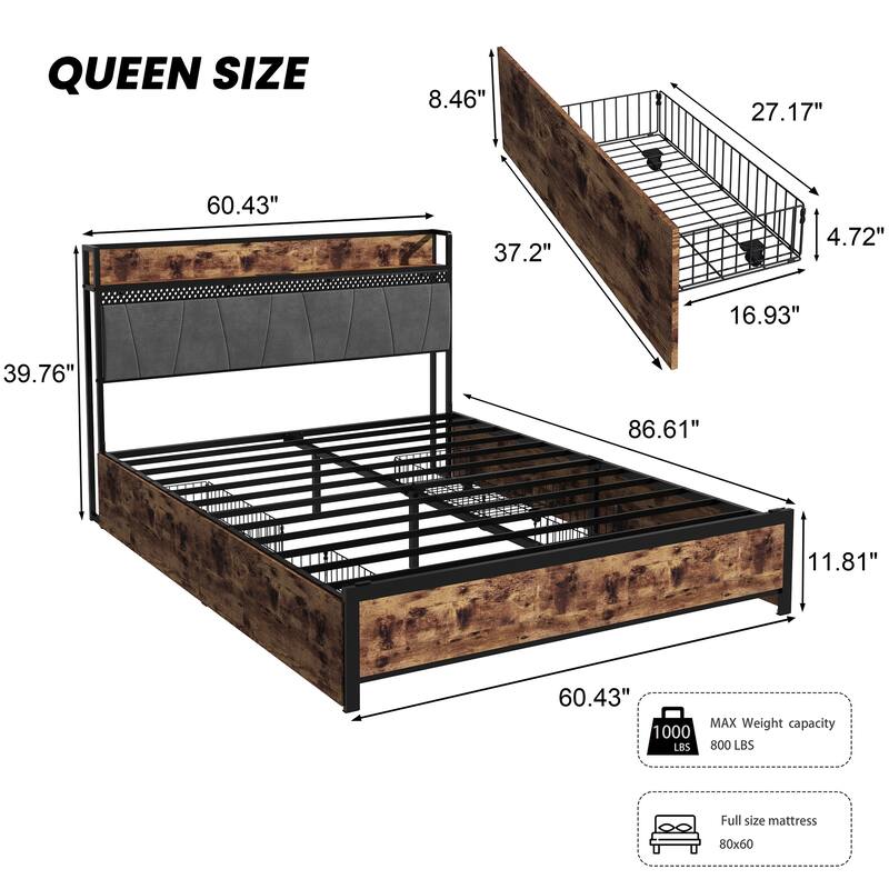 Queen Size Metal Platform Bed Frame with LED RGB Headboard, 4 Rolling Storage Drawers, Built-In Charging Station