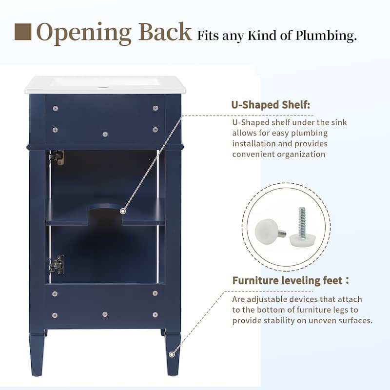 18" Freestanding Single Bathroom Vanity with Ceramic Sink, French Style Cabinet with Soft Close Door