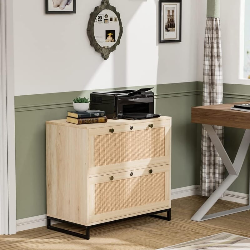 Wood Rattan 2-Drawer Lateral File Cabinet with Lock for Home Office - Beige