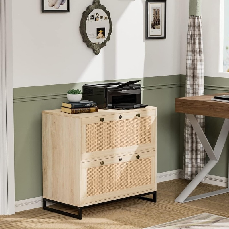 Wood Rattan 2-Drawer Lateral File Cabinet with Lock for Home Office