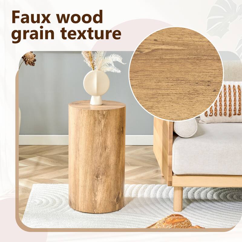 Simple wood grain cylindrical coffee table, 11.8-inch diameter x 21.6 inch height, MDF material living room furniture