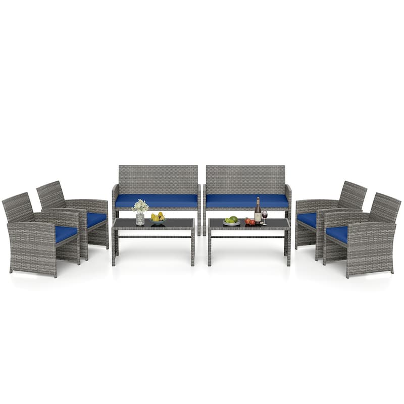 Gymax 8 Piece Patio Furniture Set Outdoor Wicker Conversation Set w/ - Navy Blue