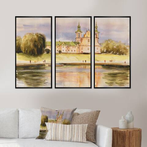 Designart "The Historic Church On The Rock By The River" Lake House Framed Canvas Wall Art Print Set of 3 - 4 Colors of Frames